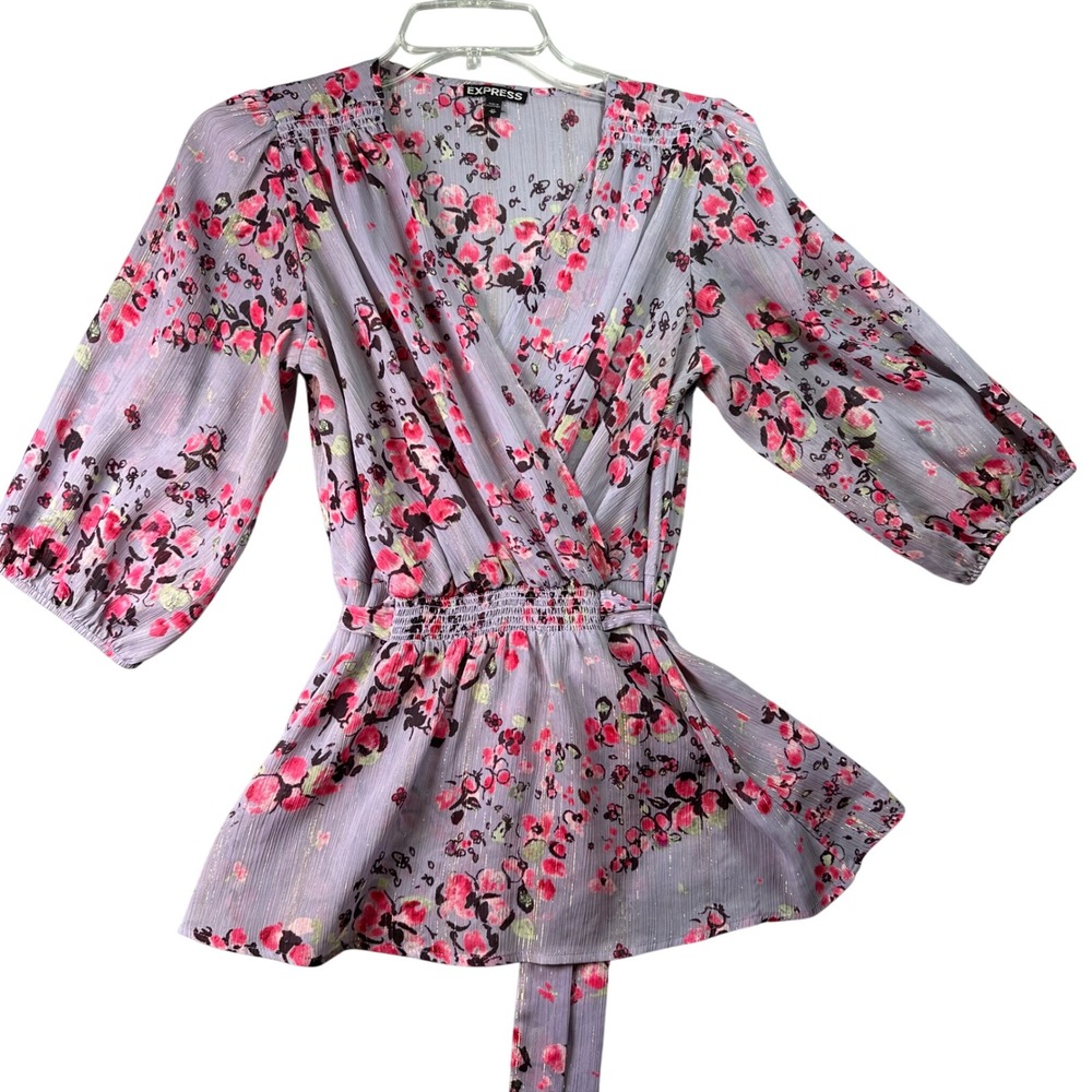 Express Boho Floral Metallic Wrap Blouse Smocked‎ Waist Lavender Romantic XS